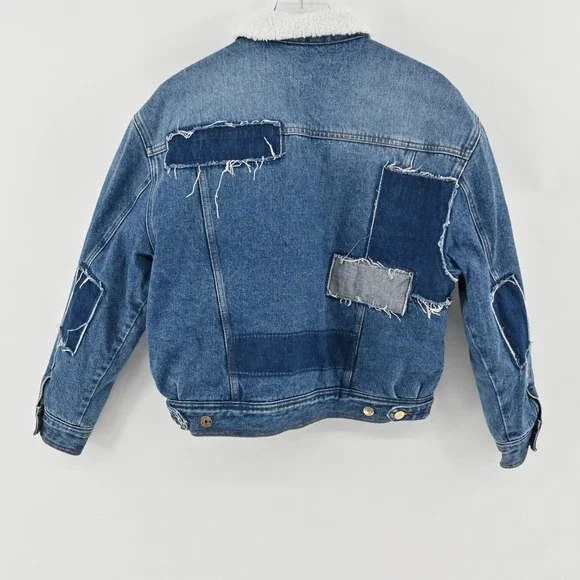 Sandro David Denim Jacket Womens Sz 36 Blue Faux Shearling Trimmed Trucker Jean - Picture 2 of 16